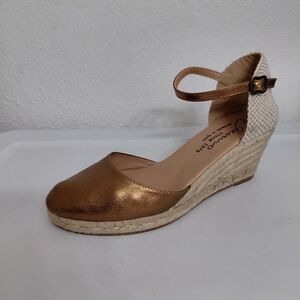 Gaimo Womens Gold Leather/Canvas Espadrilles Wedges Boho Sandals 